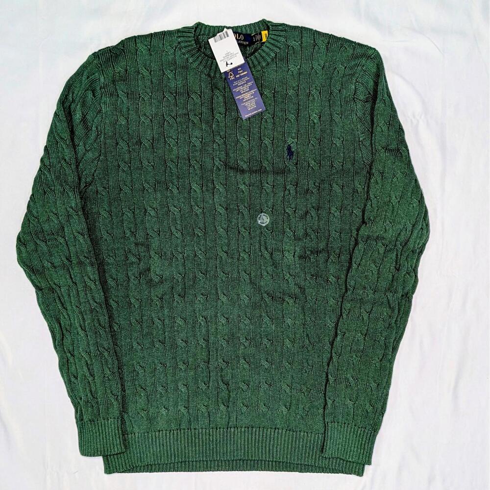 Polo Ralph Lauren Men’s Cable-Knit Cotton Crewneck Sweater Hunter Green XL NWT - Picture 2 of 7